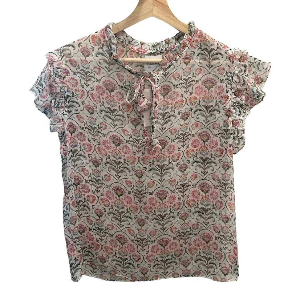 MISA Basia Sheer Chiffon Blockprint Flutter Sleeve Tassel Tie Split Neck Top - Picture 3 of 7